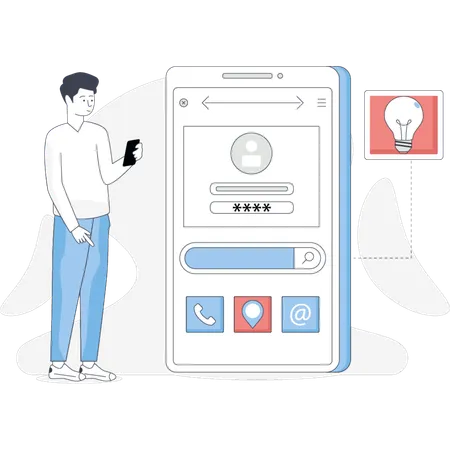 Un hombre se encuentra junto a un teléfono y una bombilla, sugiriendo una conversación sobre ideas o innovación.  Ilustración