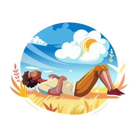 Un hombre durmiendo pacíficamente en el suelo en verano.  Ilustración