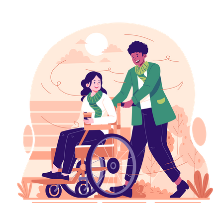 Un hombre empujando a una mujer en silla de ruedas en otoño  Ilustración