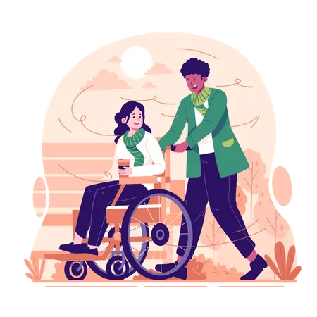 Un hombre empujando a una mujer en silla de ruedas en otoño  Ilustración