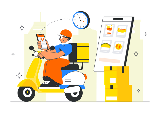 Un hombre entrega pedidos de comida en línea a través de aplicaciones de entrega.  Ilustración