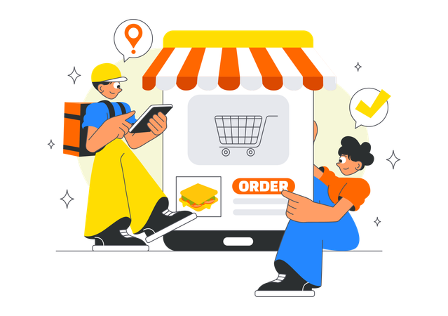 Un hombre entrega pedidos de comida en línea a través de aplicaciones de entrega.  Ilustración