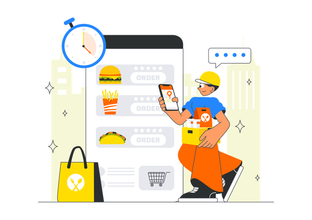Un hombre entrega pedidos de comida en línea a través de aplicaciones de entrega.  Ilustración