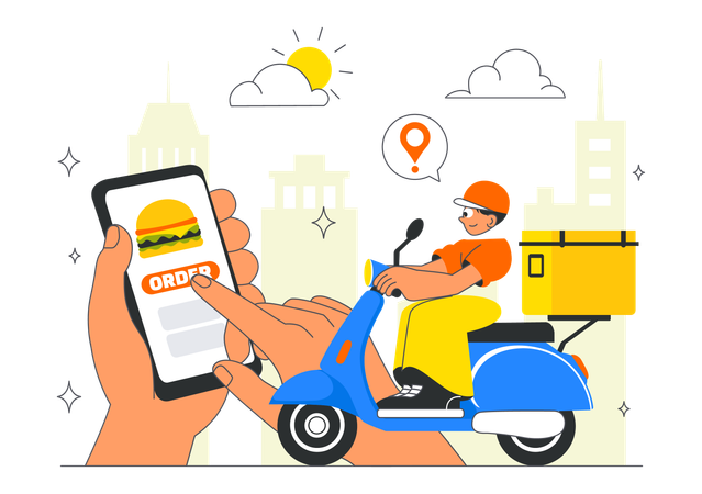 Un hombre entrega pedidos de comida en línea a través de aplicaciones de entrega.  Ilustración