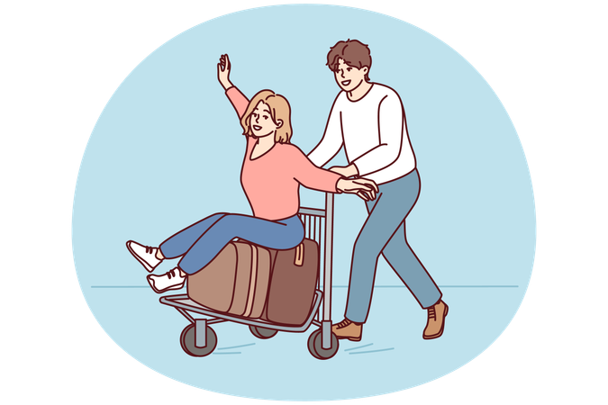 Un hombre feliz monta a una mujer alegre en un carrito de viaje desde el aeropuerto rumbo a un viaje de verano  Ilustración