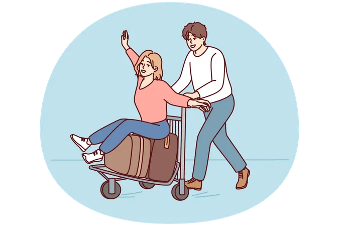 Un hombre feliz monta a una mujer alegre en un carrito de viaje desde el aeropuerto rumbo a un viaje de verano  Ilustración