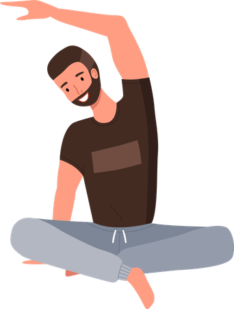 Un hombre haciendo ejercicios de yoga. Un joven en forma con barba sentado en el suelo en posición de loto aislado  Ilustración