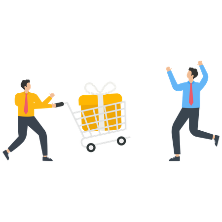 Un hombre le da un regalo a otro junto a un carrito de compras.  Ilustración