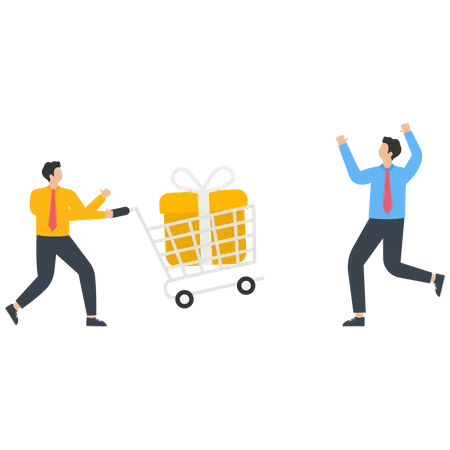 Un hombre le da un regalo a otro junto a un carrito de compras.  Ilustración