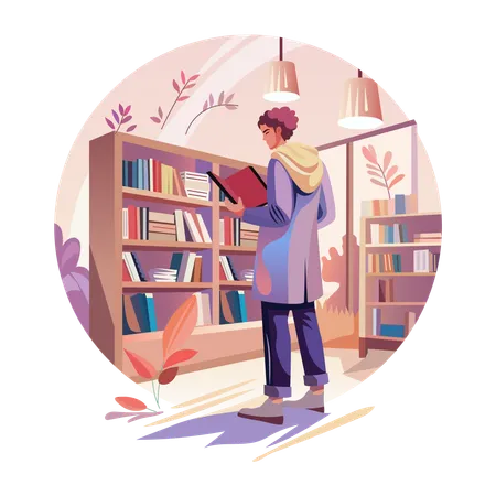 Un hombre leyendo un libro en una biblioteca.  Ilustración