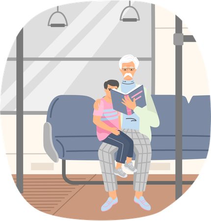 Un hombre mayor lee un libro a su nieto sentado en un banco mientras viaja con el niño en el metro o tren.  Ilustración