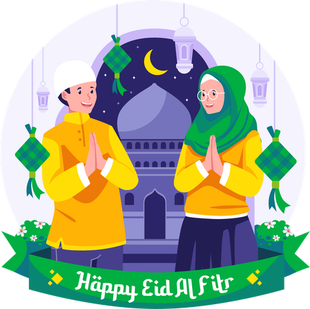 Un hombre musulmán y una mujer saludándose y disculpándose en Eid al-Fitr  Ilustración