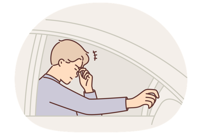 Un hombre que conduce un automóvil se siente agotado o ansioso debido a la sobrecarga de trabajo y los problemas financieros.  Ilustración