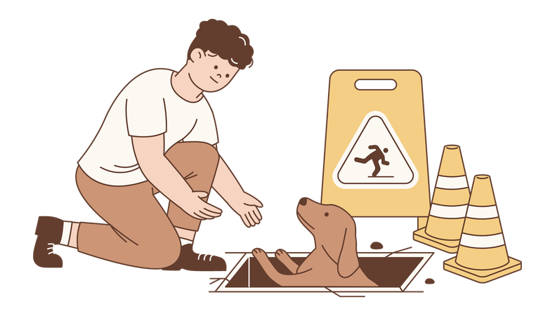 Un hombre rescata a un perro atrapado en una alcantarilla como acto de bondad.  Ilustración