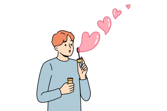 Un hombre romántico usa burbujas de jabón en forma de corazón para mostrar amor y bondad a las personas que lo rodean.  Ilustración