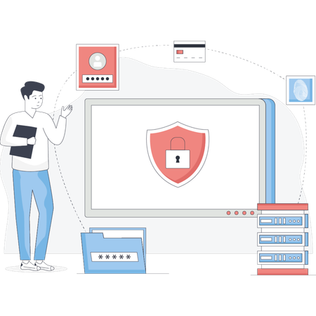 Un hombre se encuentra frente a una pantalla de computadora que muestra un escudo que simboliza la ciberseguridad o la protección.  Ilustración