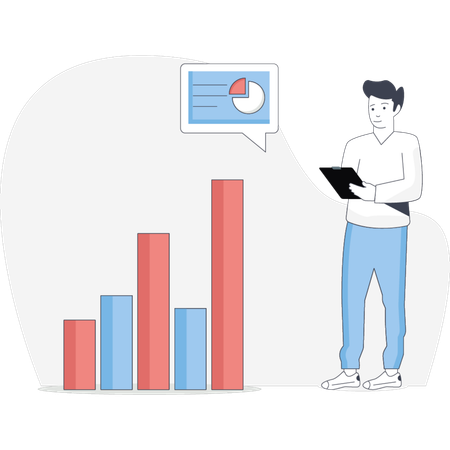 Un hombre se encuentra junto a un gráfico sosteniendo una tableta y analizando datos en un entorno profesional.  Ilustración