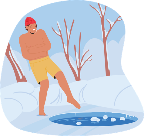 Un hombre se prepara para sumergirse en un agujero de hielo en un lago cubierto de hielo  Illustration