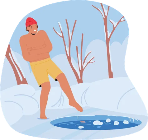 Un hombre se prepara para sumergirse en un agujero de hielo en un lago cubierto de hielo  Illustration