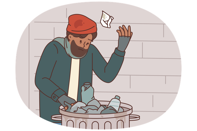 Un hombre sin hogar hurga en la basura para encontrar comida debido a la pobreza y la desigualdad social o el desempleo.  Ilustración