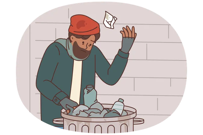 Un hombre sin hogar hurga en la basura para encontrar comida debido a la pobreza y la desigualdad social o el desempleo.  Ilustración