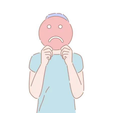 Un hombre sosteniendo un cartel emoji triste frente a su cara expresión facial negativa  Ilustración
