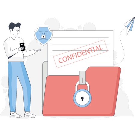 Un hombre sostiene un candado y un documento confidencial que simboliza la seguridad y la privacidad de la información sensible.  Ilustración