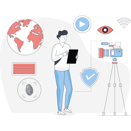 Un hombre sostiene una tableta que muestra un ícono de cámara y varios otros íconos de aplicaciones que muestran el uso de tecnología digital.  Ilustración