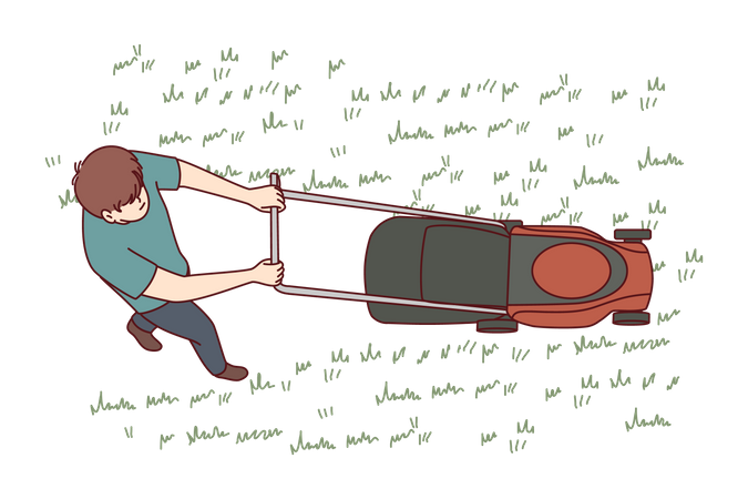 Un hombre utiliza una cortadora de césped para cortar el césped de su patio trasero  Ilustración