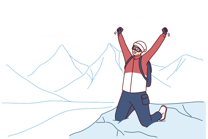 Un viajero inspirado se encuentra en la cima de una montaña regocijándose por haber escalado con éxito el pico Everest  Ilustración
