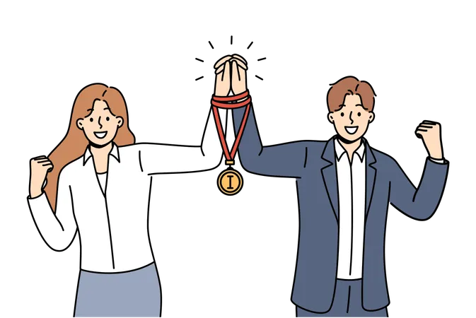 Un hombre y una mujer de negocios en equipo recibieron juntos la medalla de ganador por su excelente trabajo en las tareas asignadas  Ilustración