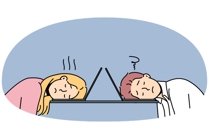 Un hombre y una mujer exhaustos sufren de fatiga mientras duermen una siesta frente a una computadora portátil en la oficina.  Ilustración
