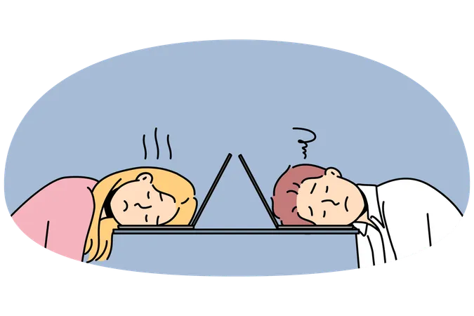 Un hombre y una mujer exhaustos sufren de fatiga mientras duermen una siesta frente a una computadora portátil en la oficina.  Ilustración