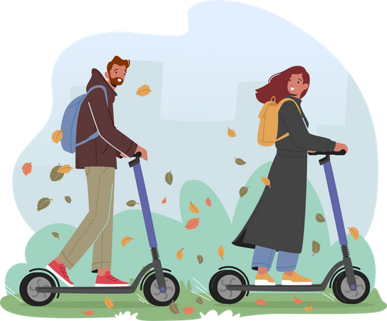 Hombre y mujer jóvenes conduciendo scooters eléctricos en el parque de la ciudad en el día de otoño  Ilustración