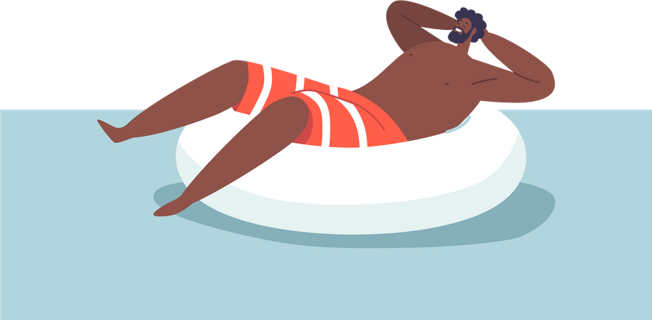 Un homme afro-américain aime nager dans une piscine à l'aide d'un anneau gonflable  Illustration