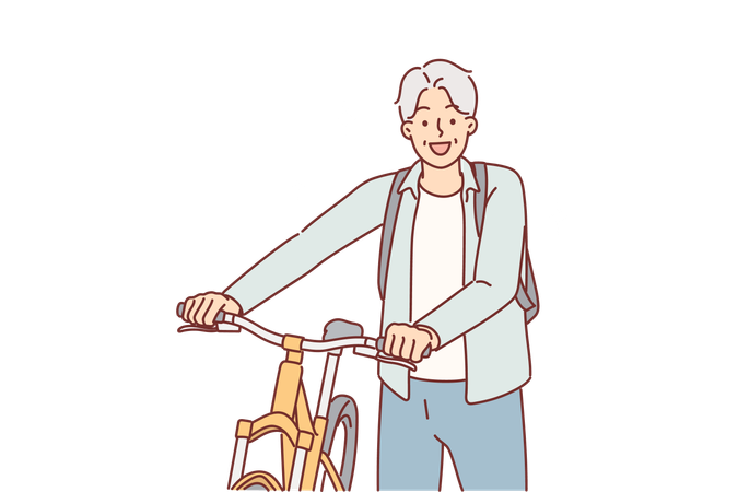 Un cycliste âgé se tient près d'un vélo  Illustration
