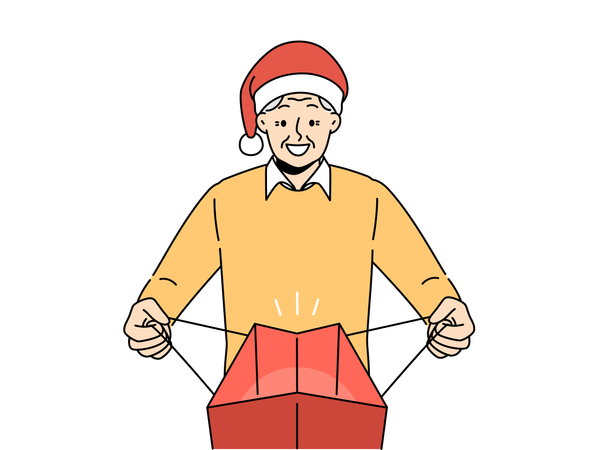 Un homme âgé en chapeau de père Noël ouvre le paquet avec un cadeau de Noël et sourit de joie en recevant un cadeau le soir du nouvel an  Illustration