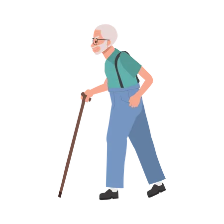 Un homme âgé marche avec un bâton de canne Mode de vie actif en plein air  Illustration