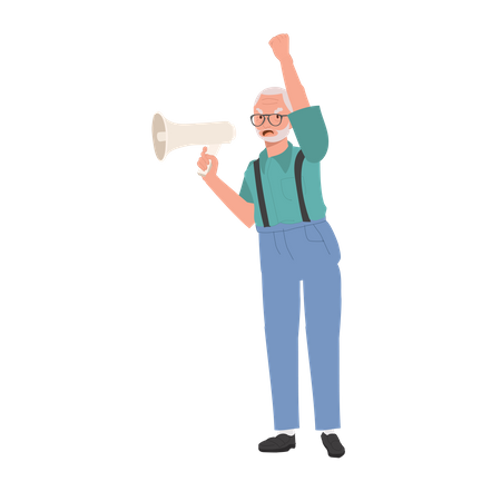 Un homme âgé mène une manifestation passionnée avec un mégaphone  Illustration