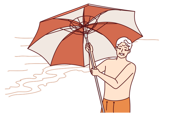 Un homme âgé ouvre un parasol  Illustration