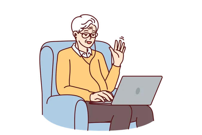 Un homme âgé passe un appel vidéo via un ordinateur portable assis sur une chaise et agitant la main pour saluer l'interlocuteur  Illustration
