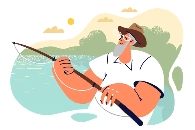 Un homme âgé tient une canne à pêche et attrape du poisson assis dans un bateau ou sur une jetée dans un endroit pittoresque  Illustration