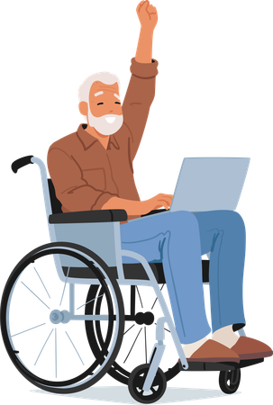 Un homme âgé travaille sur un ordinateur portable alors qu'il est assis sur un fauteuil roulant  Illustration