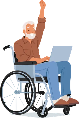 Un homme âgé travaille sur un ordinateur portable alors qu'il est assis sur un fauteuil roulant  Illustration