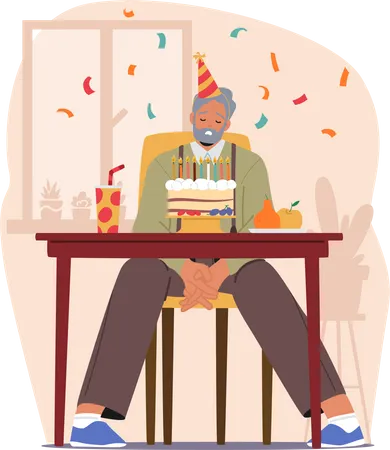 Un homme âgé triste est assis au milieu d'un simple gâteau et de souvenirs qui s'effacent  Illustration