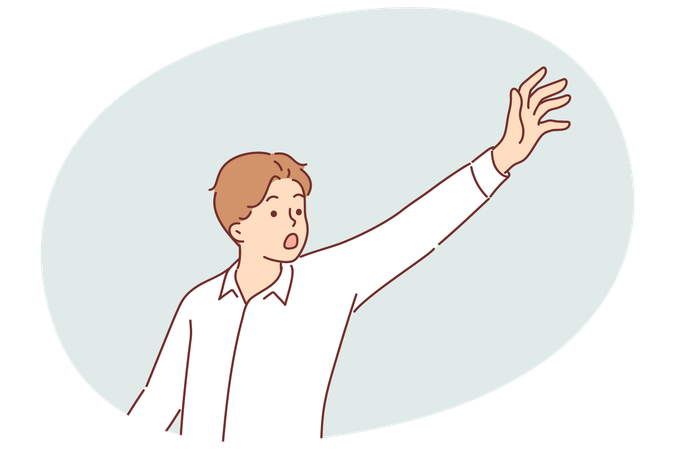 Un homme agité lève la main et crie pour tenter d'attirer l'attention sur des questions importantes  Illustration