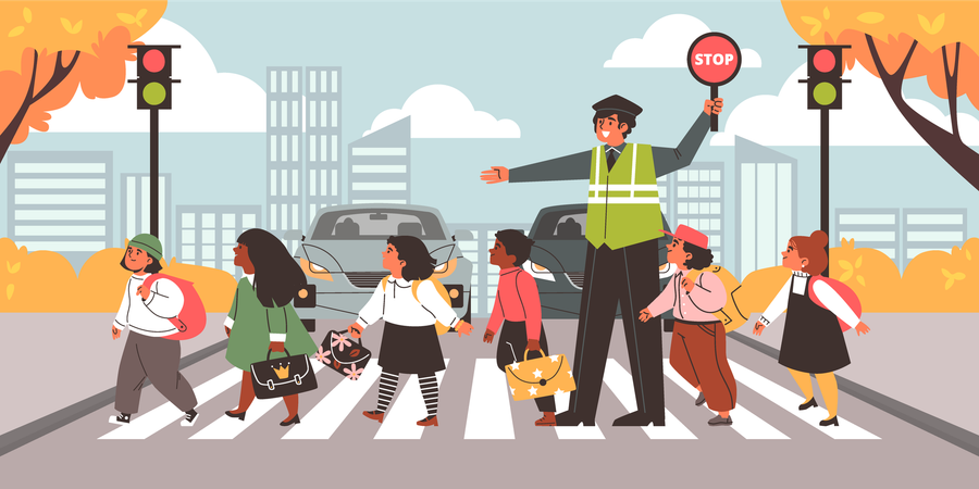Un homme aide un groupe d'écoliers à traverser la route  Illustration