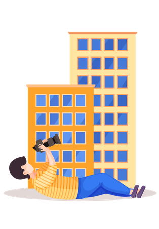 Un homme allongé et ajustant l'objectif  Illustration