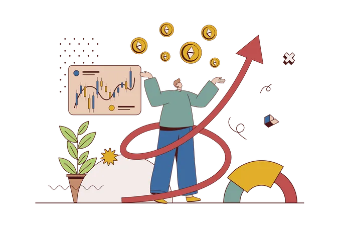 Un homme analyse les données des échanges en ligne et investit dans la crypto-monnaie à des fins lucratives  Illustration