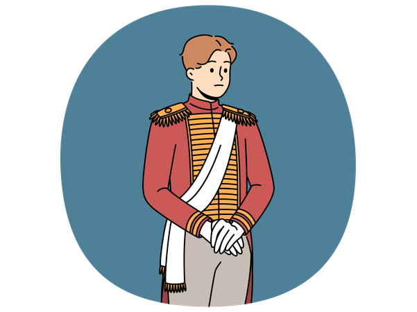 Un homme aristocratique triste en vêtements du XVIIIe siècle est prêt pour un bal ou un dîner dans un château médiéval  Illustration